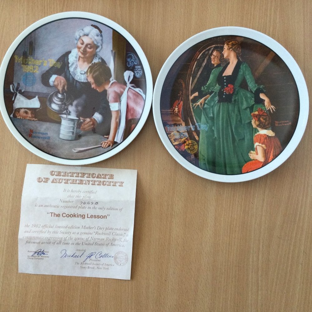 Two Norman Rockwell Mother's day plates 1982, 1984 "the cooking lesson""Grandma'